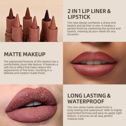 6 pcs/set Long lasting 2-in-1 Liquid Lip Liner & Lipstick