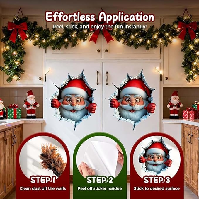 3Pcs Creative Christmas Santa Wall Stickers,Removable 3D Santa Wall Decal