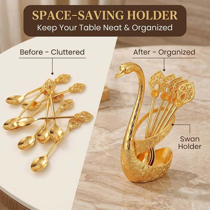 Luxury 6PCS Swan Coffee Spoon Set with Holder, Decorative Swan Stand Coffee Bar Accessories