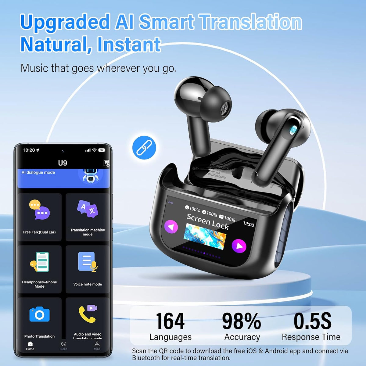 AI Translation Earbuds Real Time for Android and iPhone,164 Languages Noise Cancelling & 5 EQ & 48H Playtime