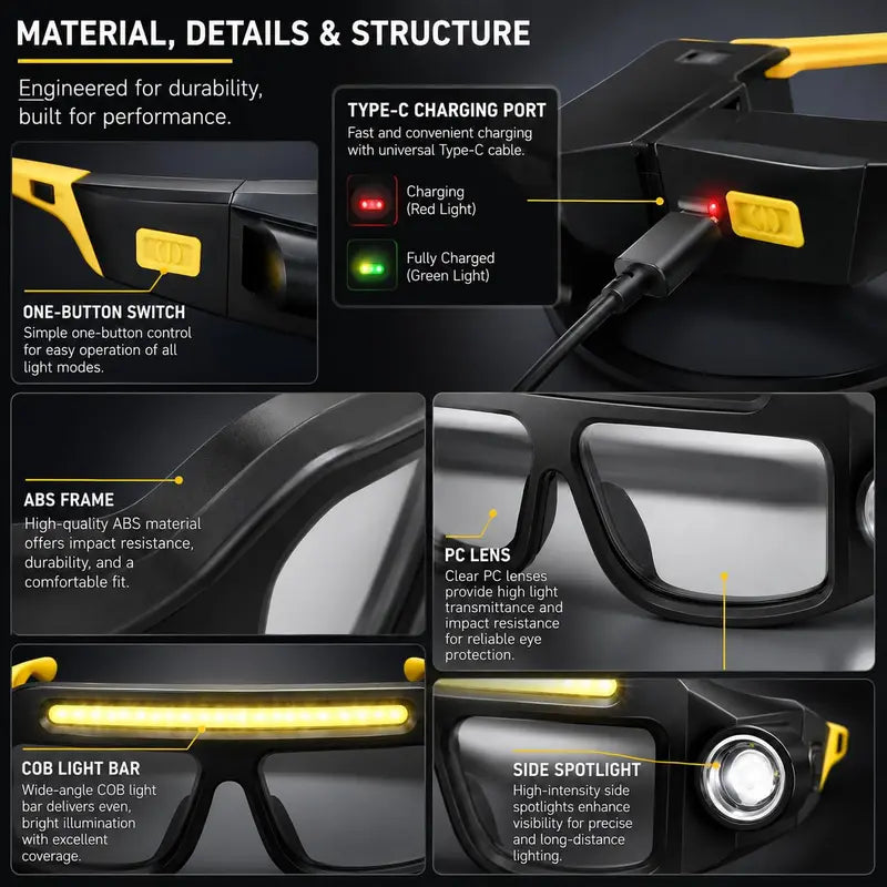 Hand-Wave Sense Long-Battery LED Headlamp Glasses, Rechargeable Type-C USB Charging