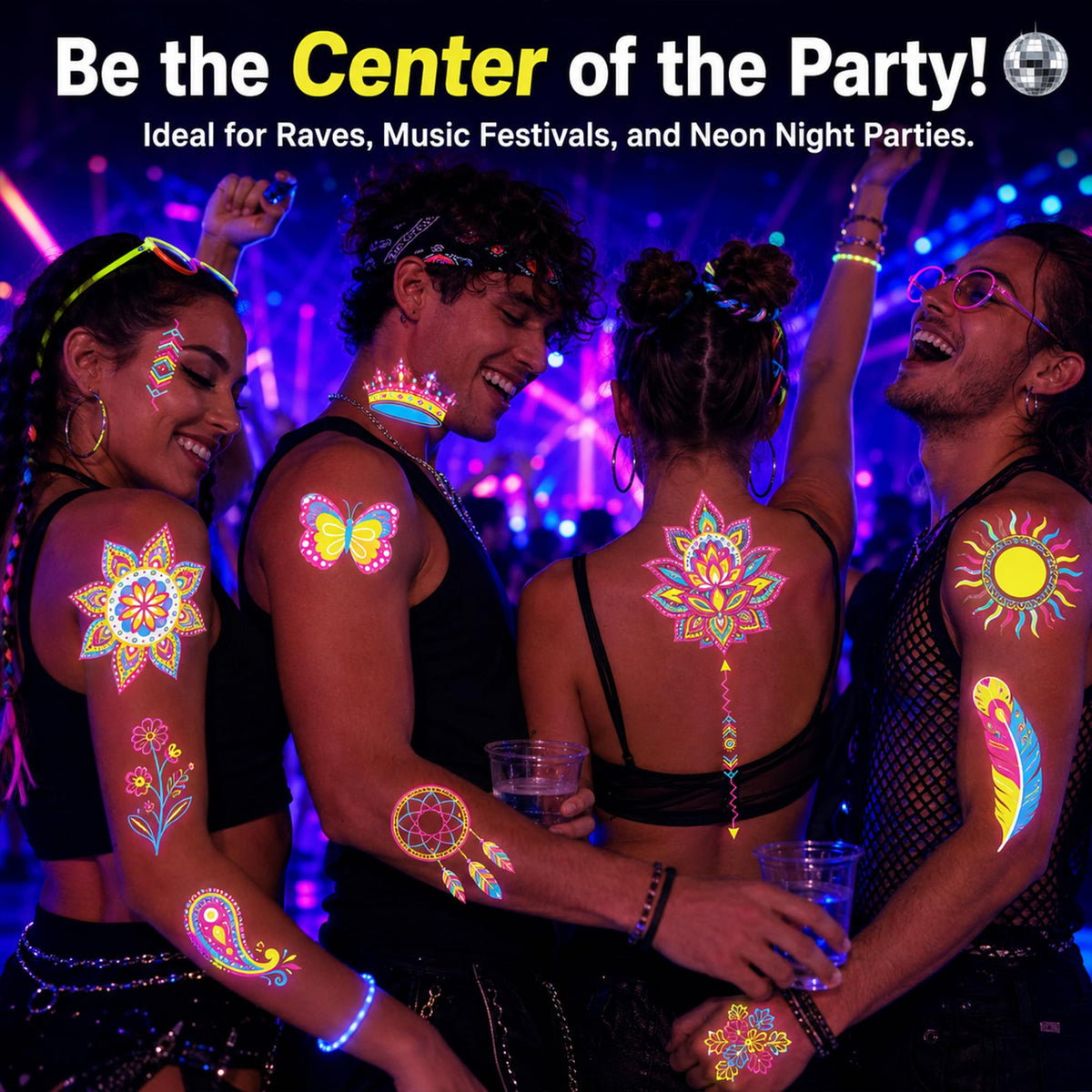 20 Sheets Glow in the Dark UV Blacklight Temporary Tattoos for Adults & Teens