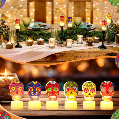 6 Pcs Day of Dead LED Flameless Candles Skull Sugar Decor