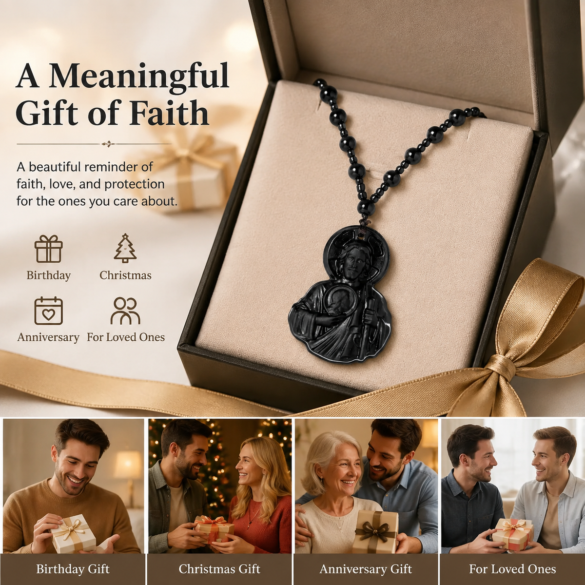 Natural Obsidian Jesus Sacred Heart Pendant Necklace, Catholic Faith Amulet, Bead Long Rosary Chain