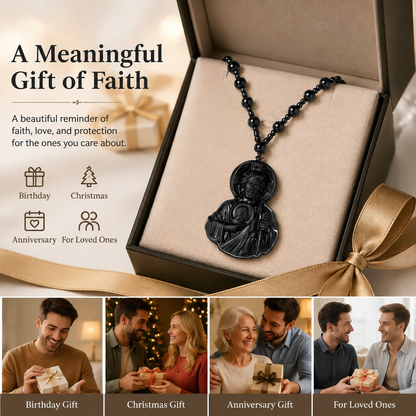 Natural Obsidian Jesus Sacred Heart Pendant Necklace, Catholic Faith Amulet, Bead Long Rosary Chain