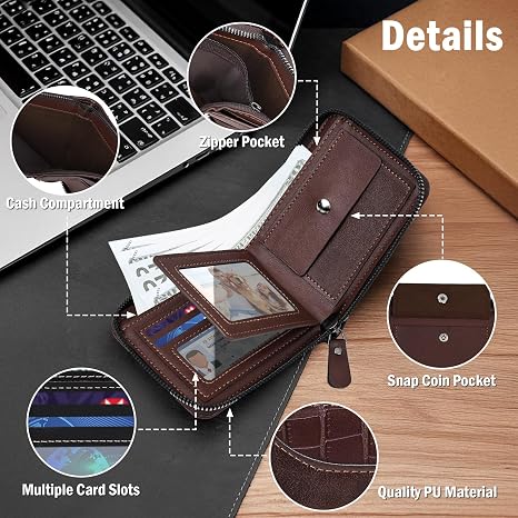 Men's Bi-fold Zip Leather Wallet I Features 9 card slots, 2clear ID windows, anddurable stitching