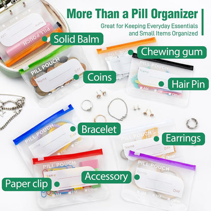 A8 Waterproof Pill Pouch Set with 14 Color-Coded Medicine Pouches