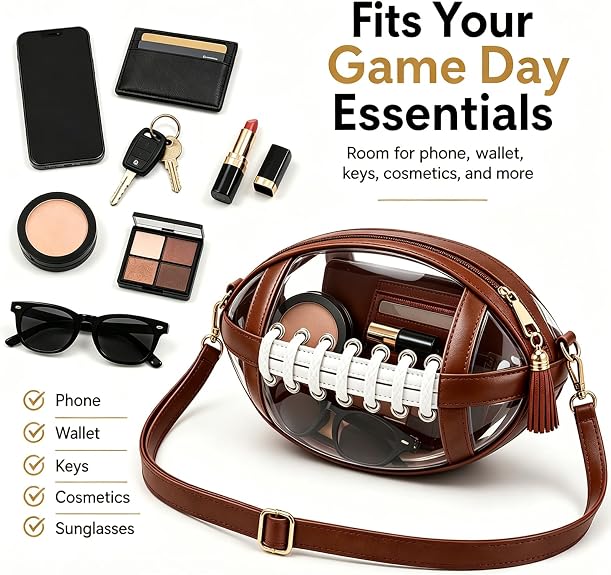 Clear Football-Shaped Crossbody Bag- Stylish Transparent Shoulder Purse
