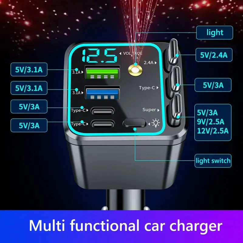 7-in-1 60W Retractable Car Charger with Star Projector Night Light and LED Decorative Light
