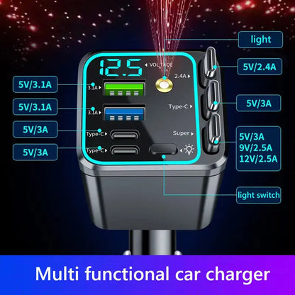 7-in-1 60W Retractable Car Charger with Star Projector Night Light and LED Decorative Light