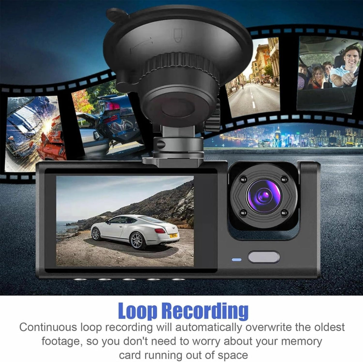 Touchscreen In-Vehicle Triple-Lens Real-Time Dash Cam