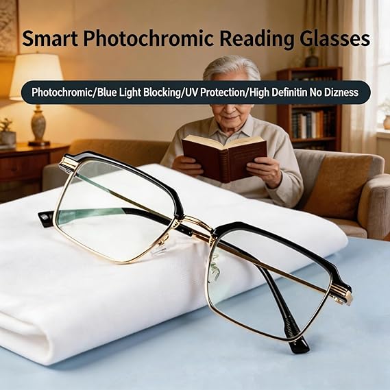 Modern Minimalist Smart-Zoom Reading Glasses UV Color-Changing & Blue Blocking Lens, Ultra-Light Metal Build