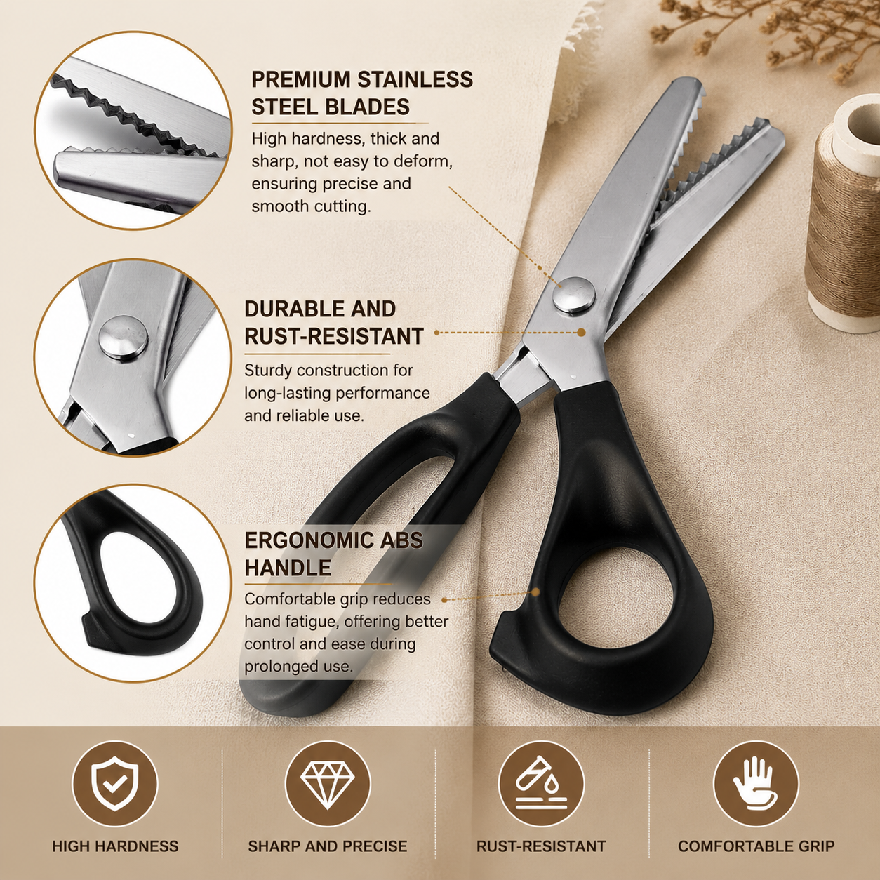 Stainless Steel Zig Zag Pinking Shears with Serrated Teeth - Durable, Sharp Sewing Tool for DIY Crafts, Dressmaking