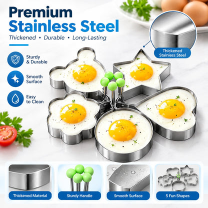 5 Pack Stainless Steel Egg Molds, 3.5 Inch Different Shape Silver Egg Ring Molds