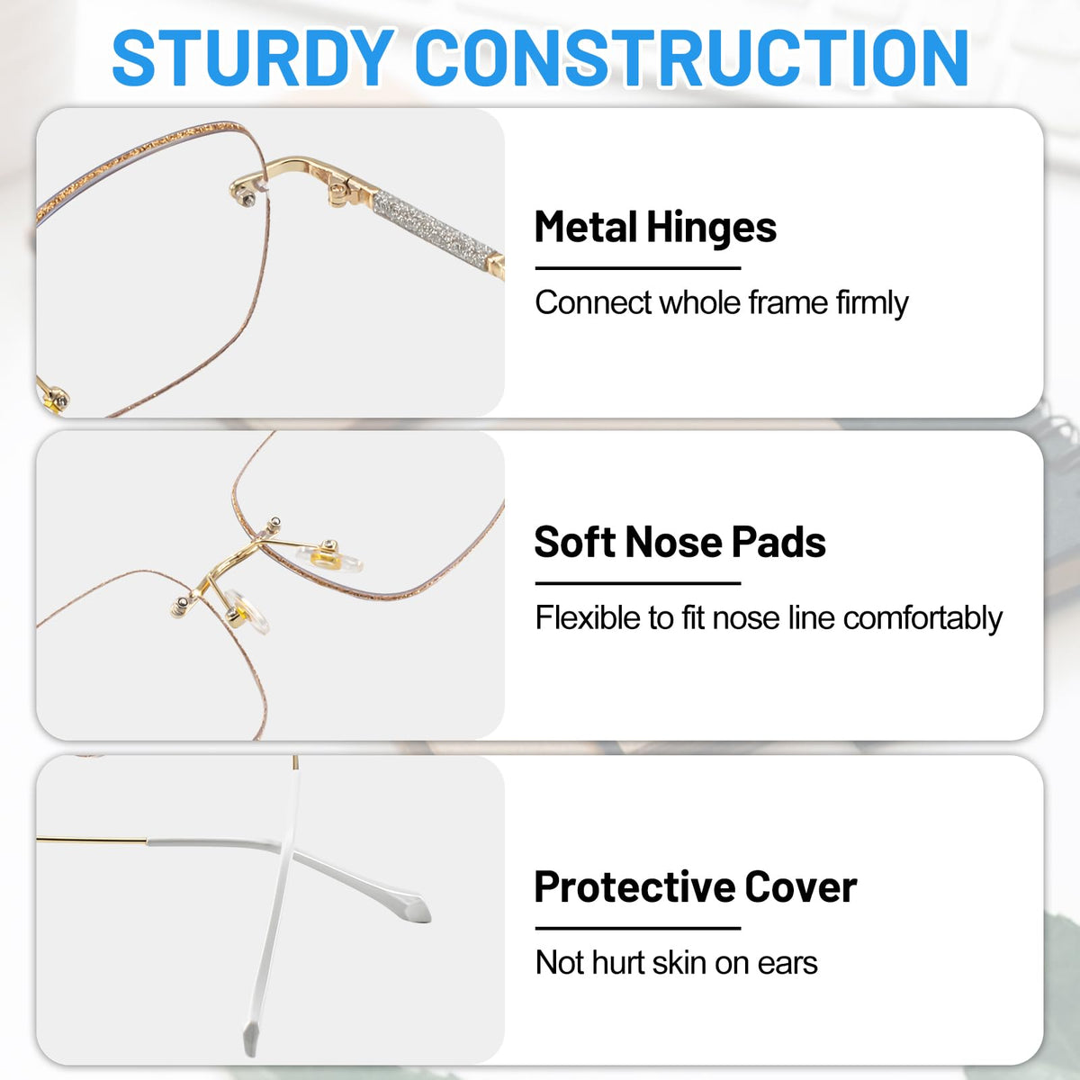 2 Packs Rimless Blue Light Blocking Reading Glasses for Women, Sparkling Metal Computer Readers