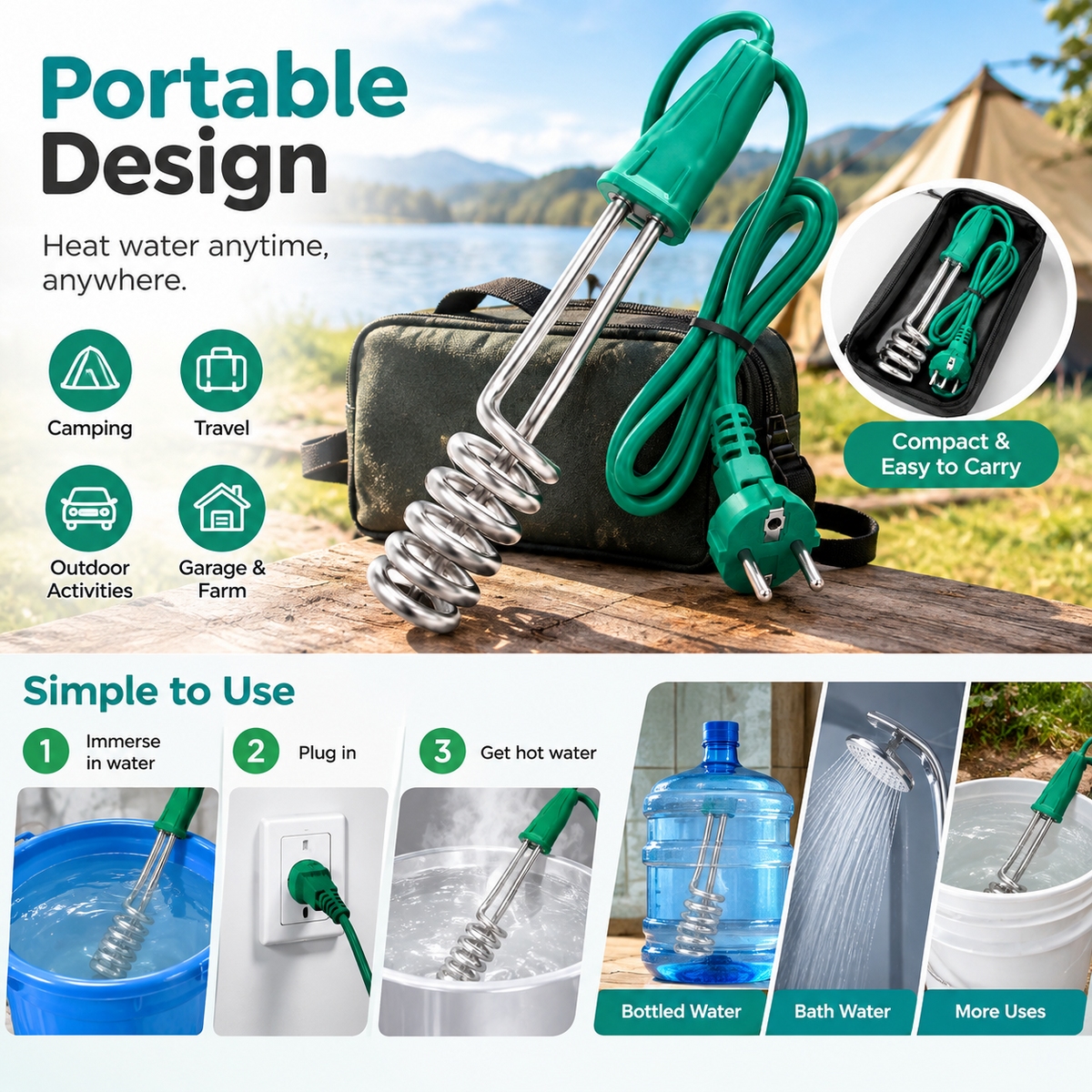 1500W Rapid Immersion Heater, Suitable for Camping and Heating Water in Buckets