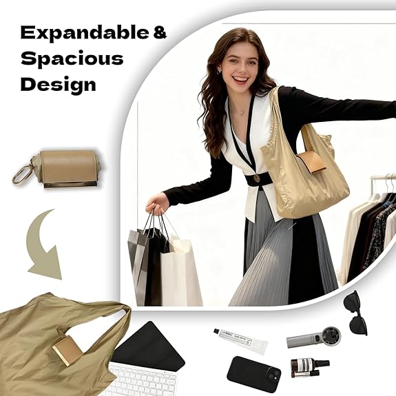 Expandable Foldable Keychain Tote Bag,  Leather Mini Bag with Key Ring