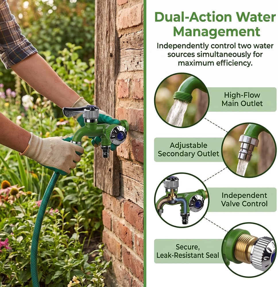 2-in-1 Outdoor Garden Water Faucet,1 Inlet 2 Outlet  Water Hose Outlet Hose Valve
