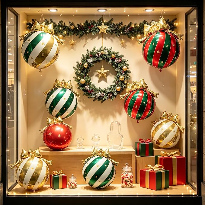 10Pcs Christmas Bow Ornament Foil Balloons Set, Red Green Gold White Striped Bauble Balloons