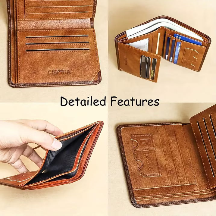 Genuine Leather RFID Wallets for Men Vintage Thin Short Multi-Function Card Holder