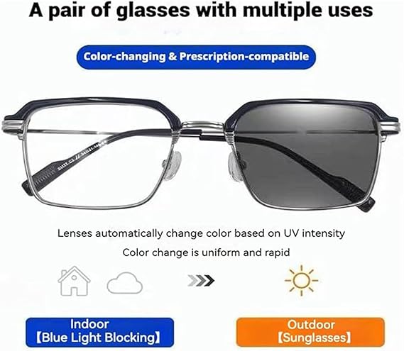 Modern Minimalist Smart-Zoom Reading Glasses UV Color-Changing & Blue Blocking Lens, Ultra-Light Metal Build