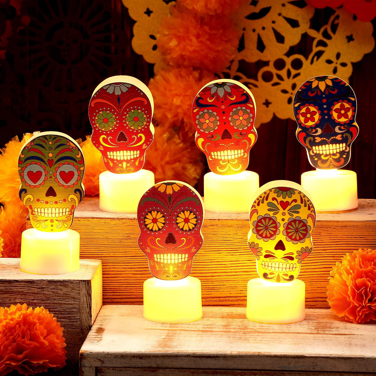 6 Pcs Day of Dead LED Flameless Candles Skull Sugar Decor