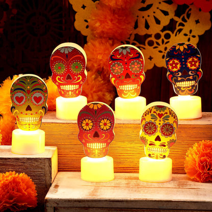 6 Pcs Day of Dead LED Flameless Candles Skull Sugar Decor