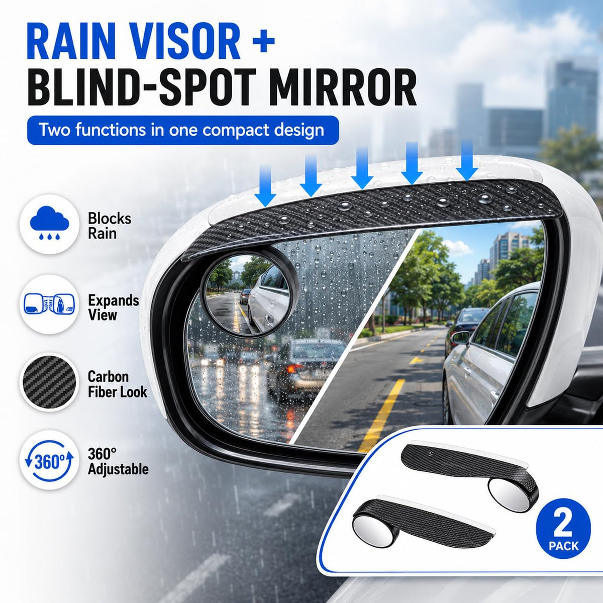 2 PCS HD Car Blind Spot Mirrors with Rain Guard, 2-in-1 Adjustable Carbon Fiber Rain Cover
