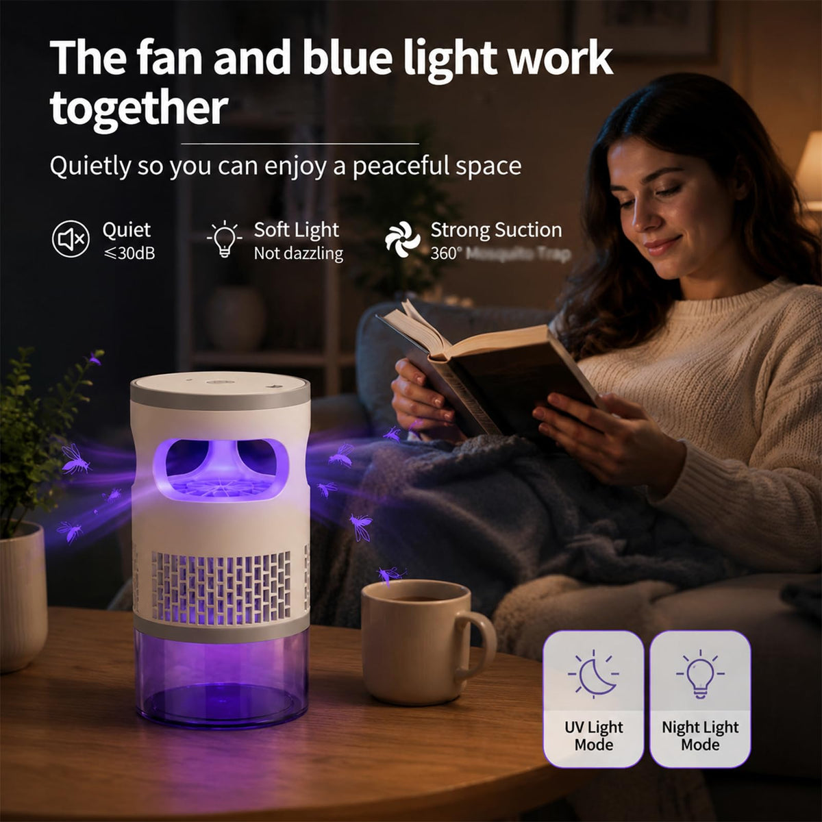 Indoor Flying Mosquito Zapper, Sleep-Friendly Night Light with Zap & Trap, Suction-Type Design