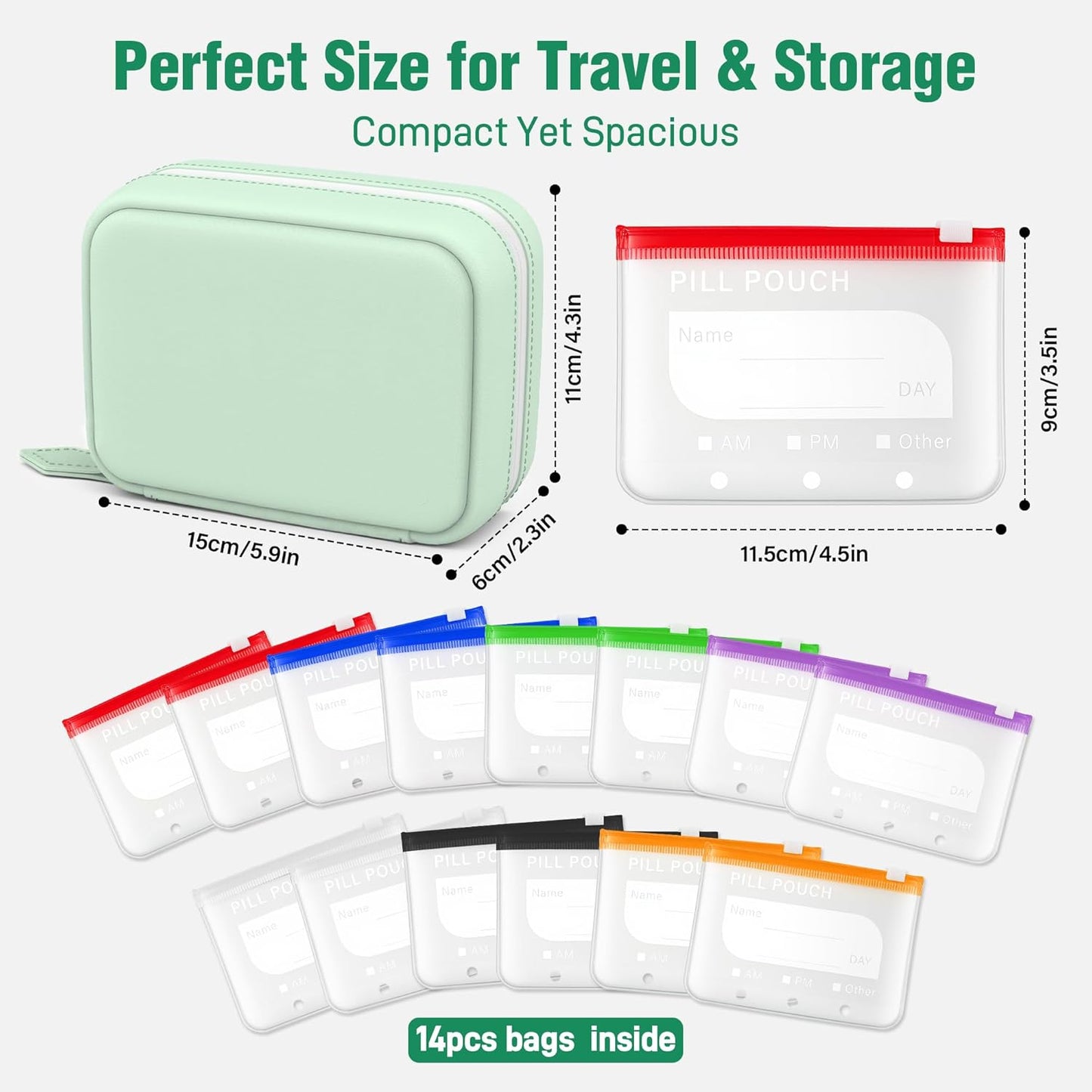 A8 Waterproof Pill Pouch Set with 14 Color-Coded Medicine Pouches
