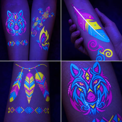 20 Sheets Glow in the Dark UV Blacklight Temporary Tattoos for Adults & Teens