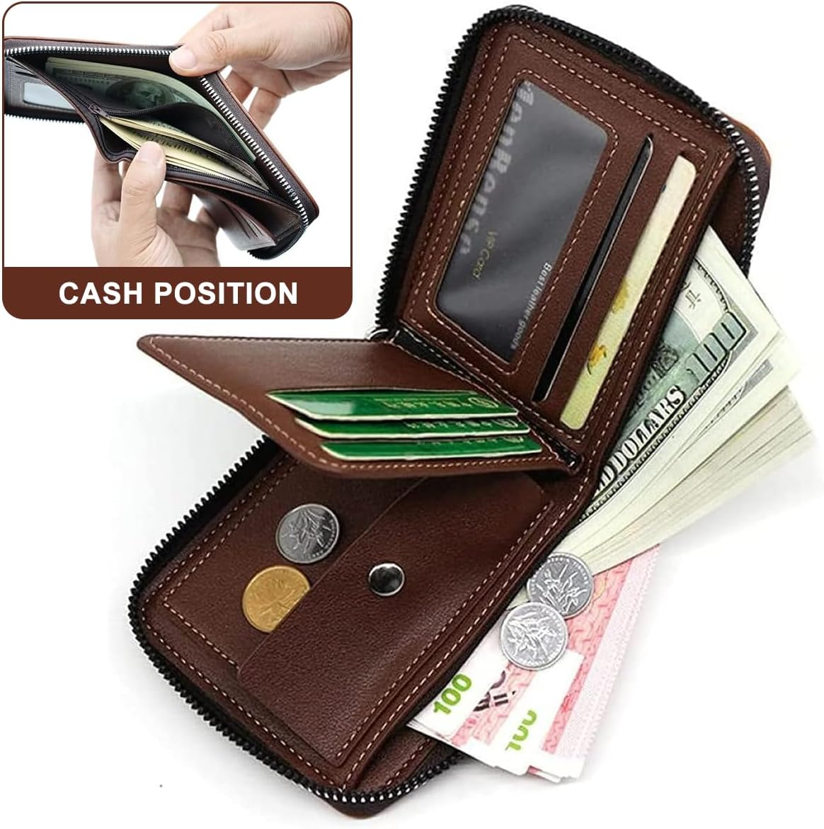 Men's Bi-fold Zip Leather Wallet I Features 9 card slots, 2clear ID windows, anddurable stitching