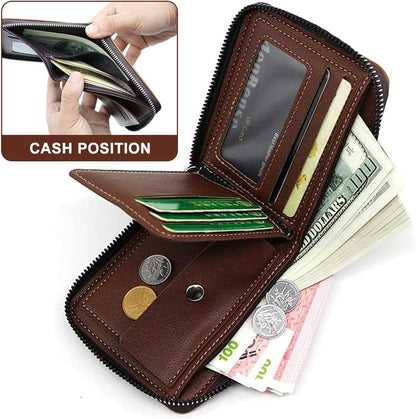 Men's Bi-fold Zip Leather Wallet I Features 9 card slots, 2clear ID windows, anddurable stitching