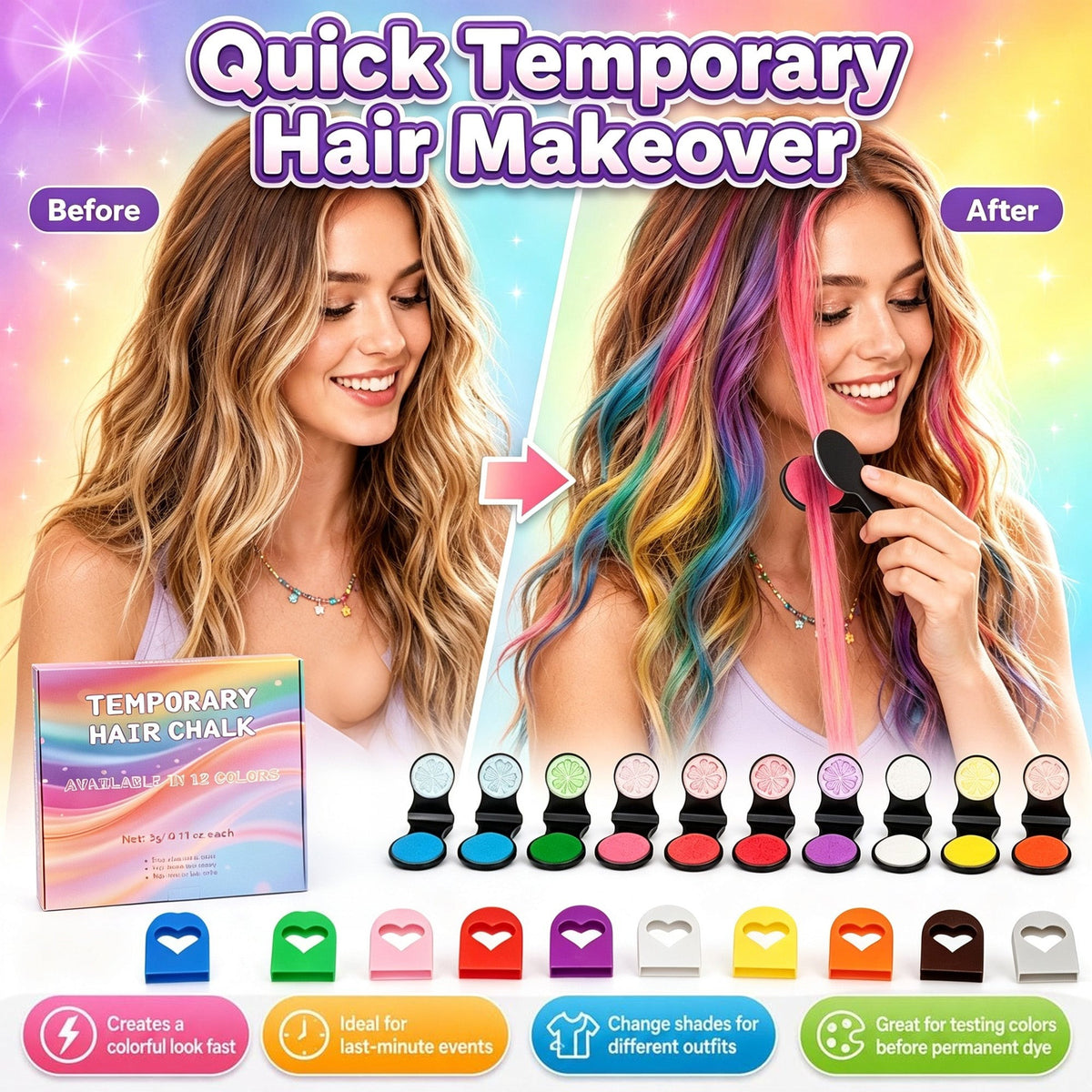 12 Colors Temporary Hair Chalk Set Washable Vibrant Non-Damage Hair Color