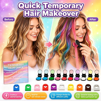 12 Colors Temporary Hair Chalk Set Washable Vibrant Non-Damage Hair Color