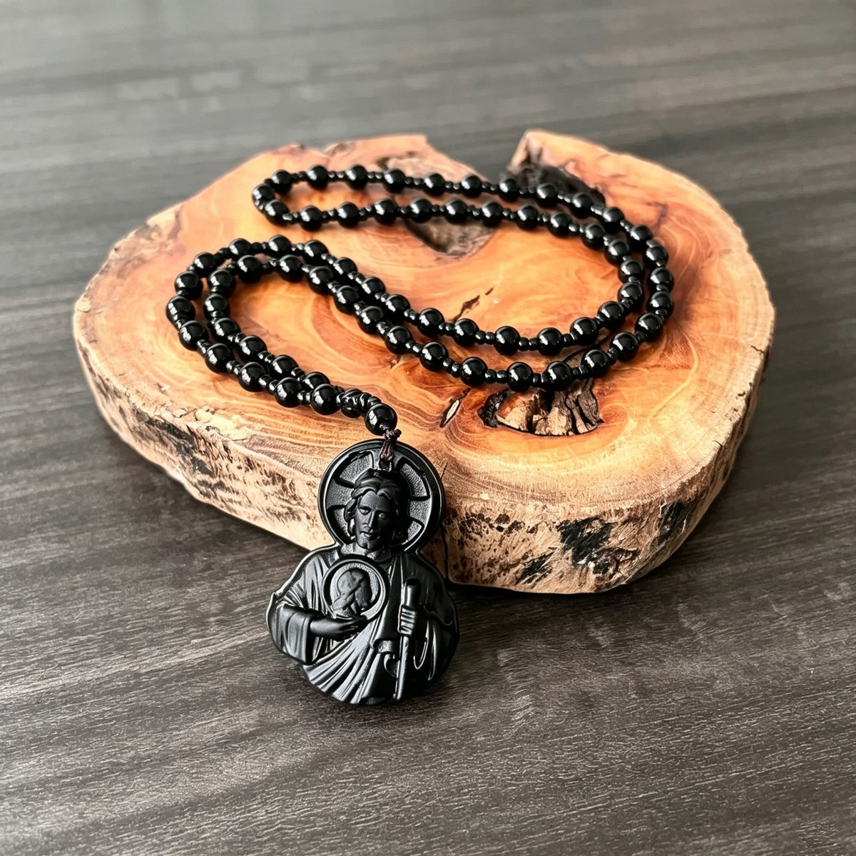 Natural Obsidian Jesus Sacred Heart Pendant Necklace, Catholic Faith Amulet, Bead Long Rosary Chain