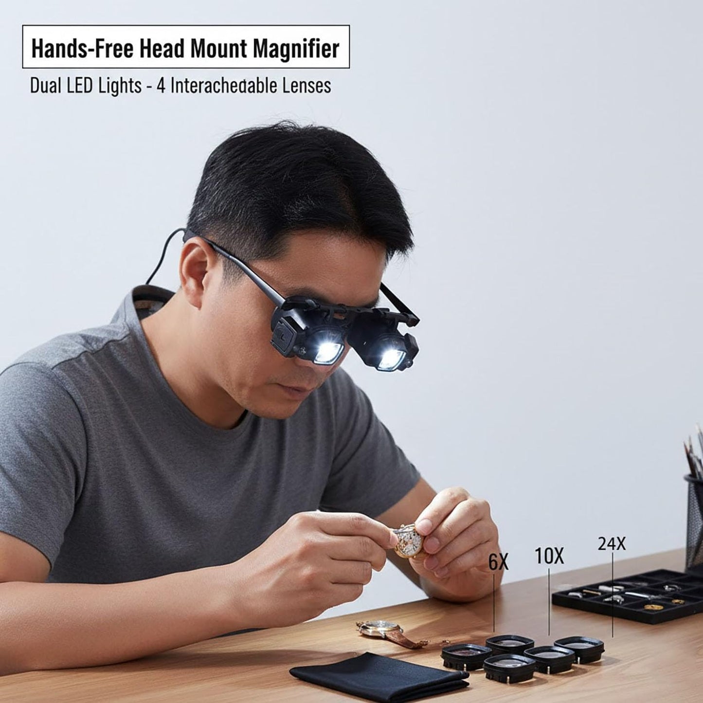 24X Headband Magnifying Glasses with 2 LED Lights 4 Sets of Interchangeable Lenses(2X, 6X, 10x, 24x)