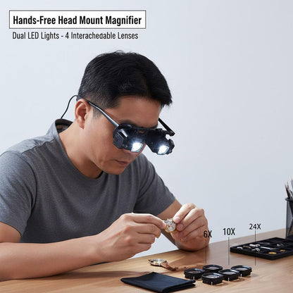 24X Headband Magnifying Glasses with 2 LED Lights 4 Sets of Interchangeable Lenses(2X, 6X, 10x, 24x)