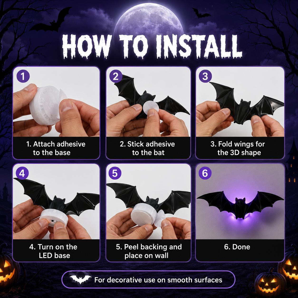 12Pcs Halloween Bats Wall Decor, Removable Lighted 3D Bats Wall Stickers Assorted Size