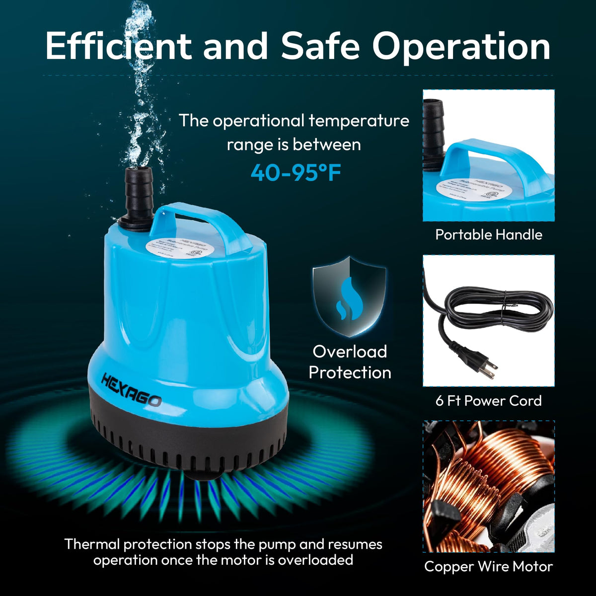 580GPH Submersible Water Fountain Pump, 60W Small Sump Pump with 9FT High Lift