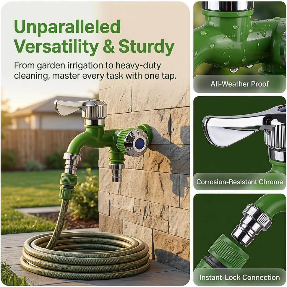 2-in-1 Outdoor Garden Water Faucet,1 Inlet 2 Outlet  Water Hose Outlet Hose Valve