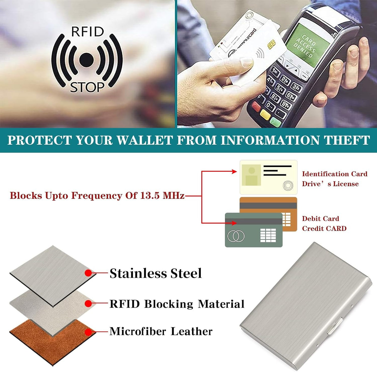 RFID Blocking Metal Card Wallet, Slim Stainless Steel Design with 6 Card Slots