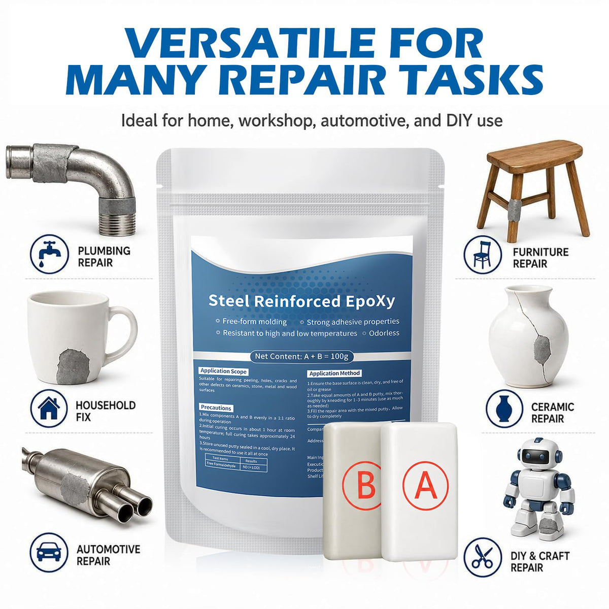 Steel Reinforced Epoxy Putty Strong Clay Iron Adhesive, Multi-Purpose Epoxy Putty Fast Repair Clay