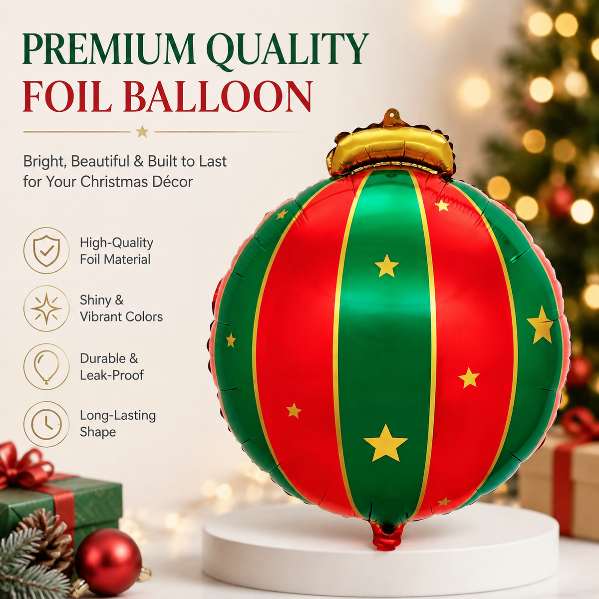 10Pcs Christmas Bow Ornament Foil Balloons Set, Red Green Gold White Striped Bauble Balloons