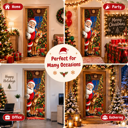 Colorful Santa Theme Reindeer Print Stretch Fabric Christmas Door Cover