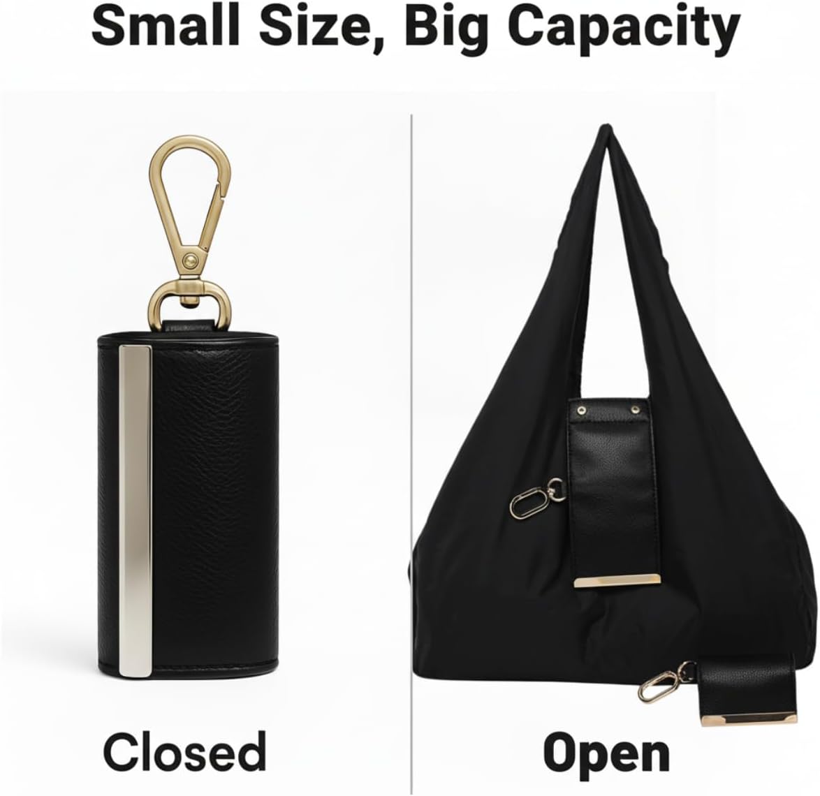 Expandable Foldable Keychain Tote Bag,  Leather Mini Bag with Key Ring
