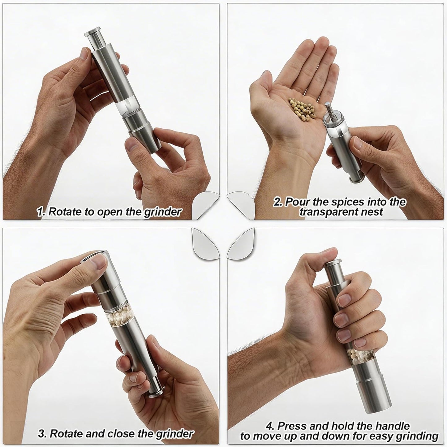 Stainless Steel Pepper Mill Salt Grinder Refillable Design, Manual Salt and Pepper Grinder Set for Spice