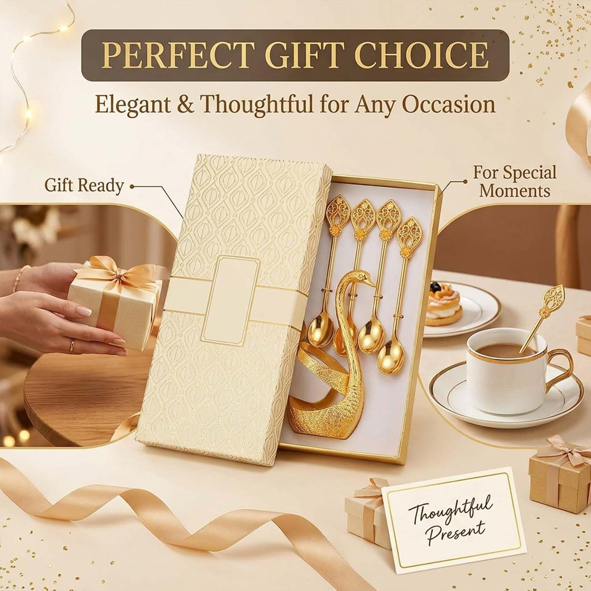 Luxury 6PCS Swan Coffee Spoon Set with Holder, Decorative Swan Stand Coffee Bar Accessories