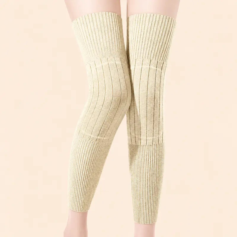 A Pair Elastic Long Knee Pads Thick Wool Lining for Leg Protection