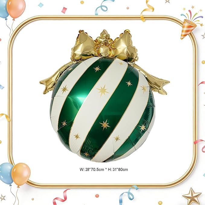 10Pcs Christmas Bow Ornament Foil Balloons Set, Red Green Gold White Striped Bauble Balloons